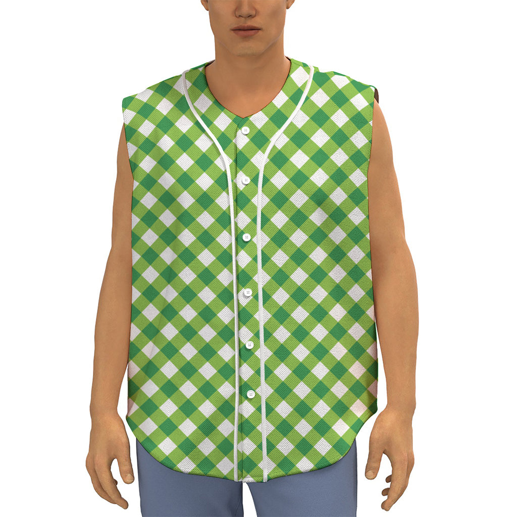 Shamrock Green And White Gingham Print Sleeveless Baseball Jersey