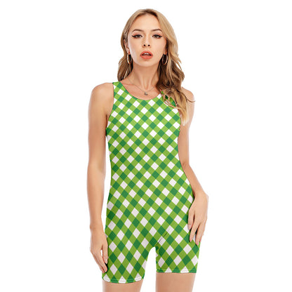 Shamrock Green And White Gingham Print Sleeveless One Piece Swimsuit