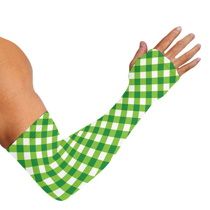 Shamrock Green And White Gingham Print Sun Protection Arm Sleeves