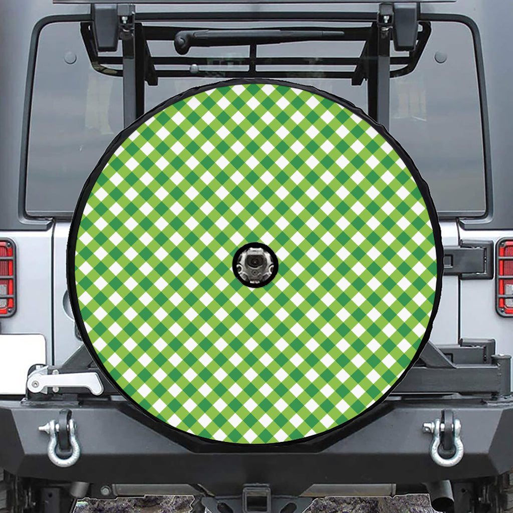 Shamrock Green And White Gingham Print Tire Cover With Camera Hole
