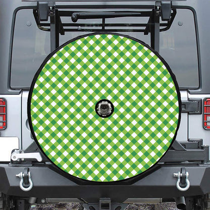 Shamrock Green And White Gingham Print Tire Cover With Camera Hole