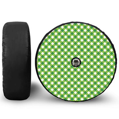 Shamrock Green And White Gingham Print Tire Cover With Camera Hole