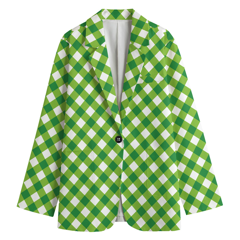 Shamrock Green And White Gingham Print Women's Blazer