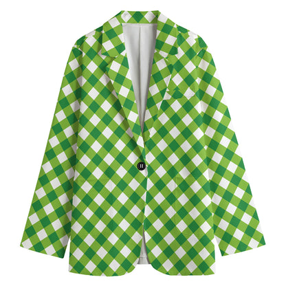 Shamrock Green And White Gingham Print Women's Blazer
