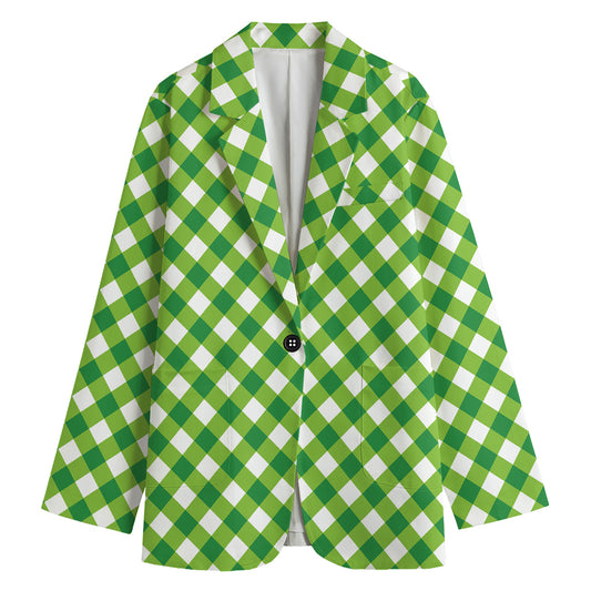 Shamrock Green And White Gingham Print Women's Blazer