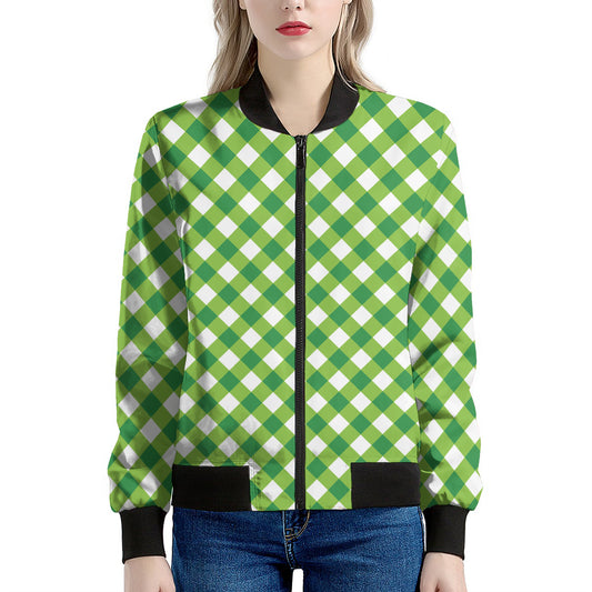 Shamrock Green And White Gingham Print Women's Bomber Jacket