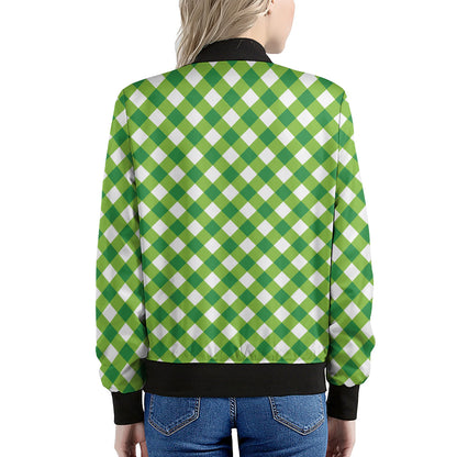 Shamrock Green And White Gingham Print Women's Bomber Jacket