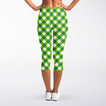 Shamrock Green And White Gingham Print Women's Capri Leggings
