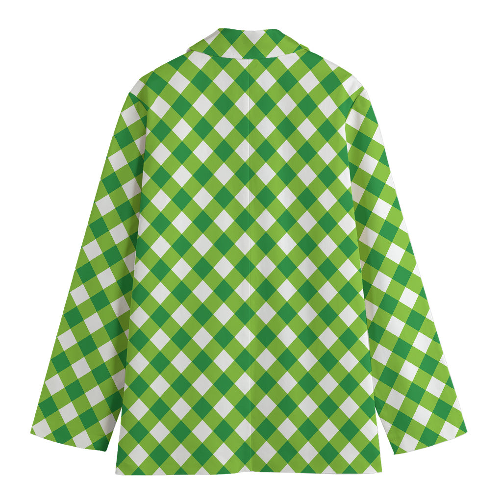 Shamrock Green And White Gingham Print Women's Cotton Blazer