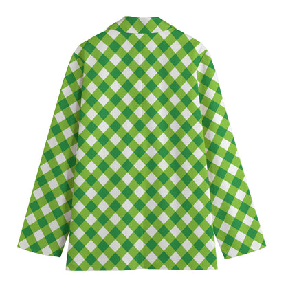 Shamrock Green And White Gingham Print Women's Cotton Blazer