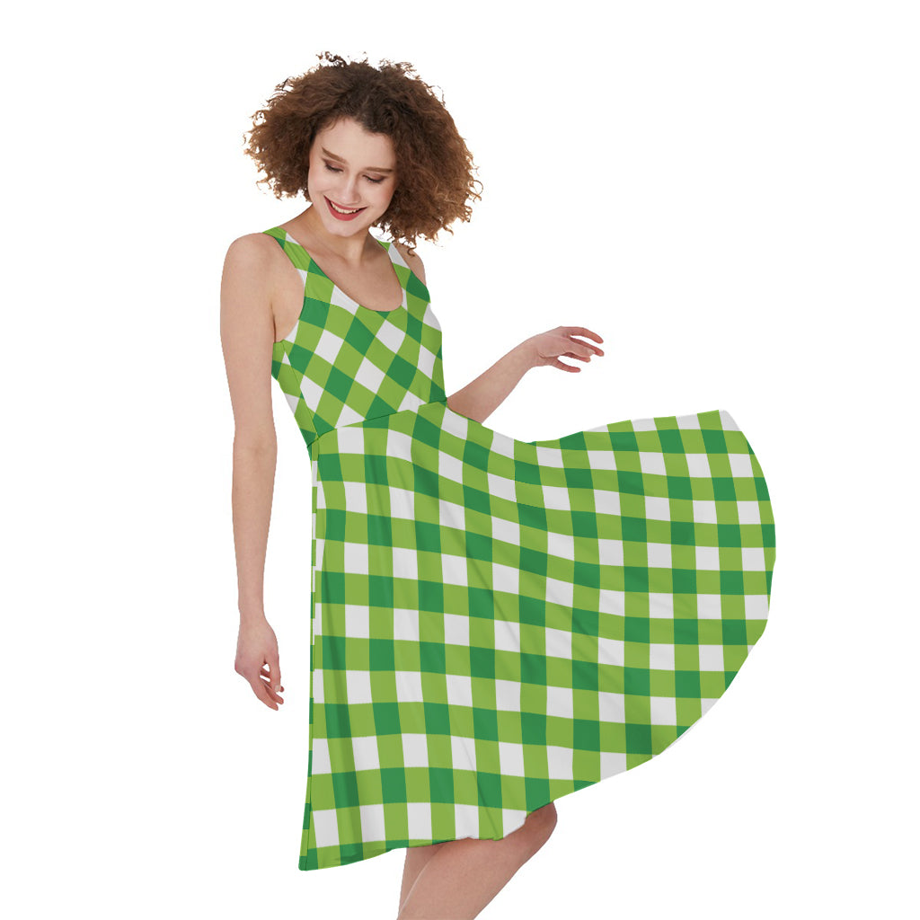Shamrock Green And White Gingham Print Women's Sleeveless Dress