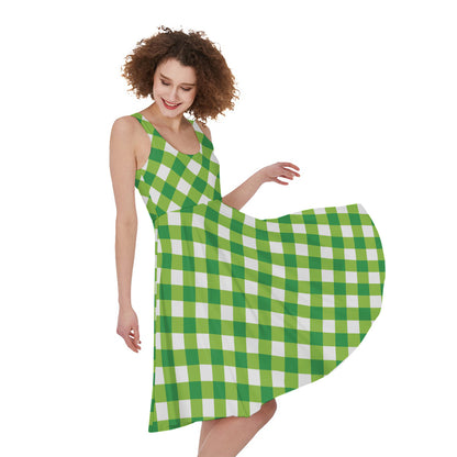 Shamrock Green And White Gingham Print Women's Sleeveless Dress