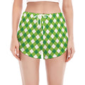 Shamrock Green And White Gingham Print Women's Split Running Shorts