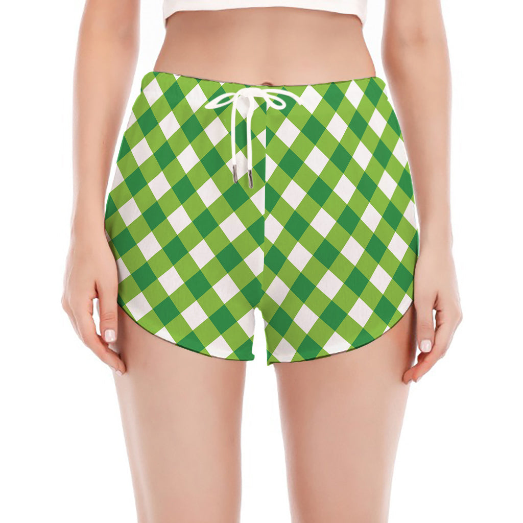 Shamrock Green And White Gingham Print Women's Split Running Shorts