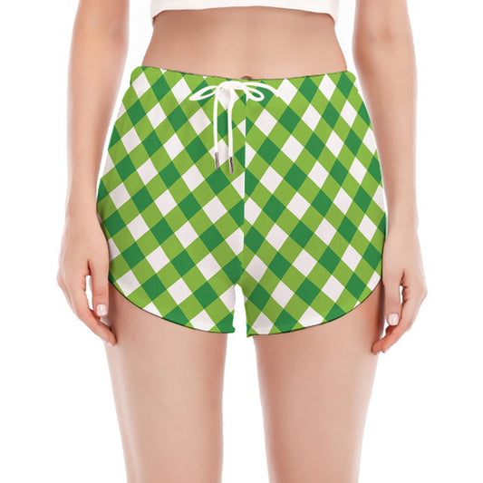 Shamrock Green And White Gingham Print Women's Split Running Shorts