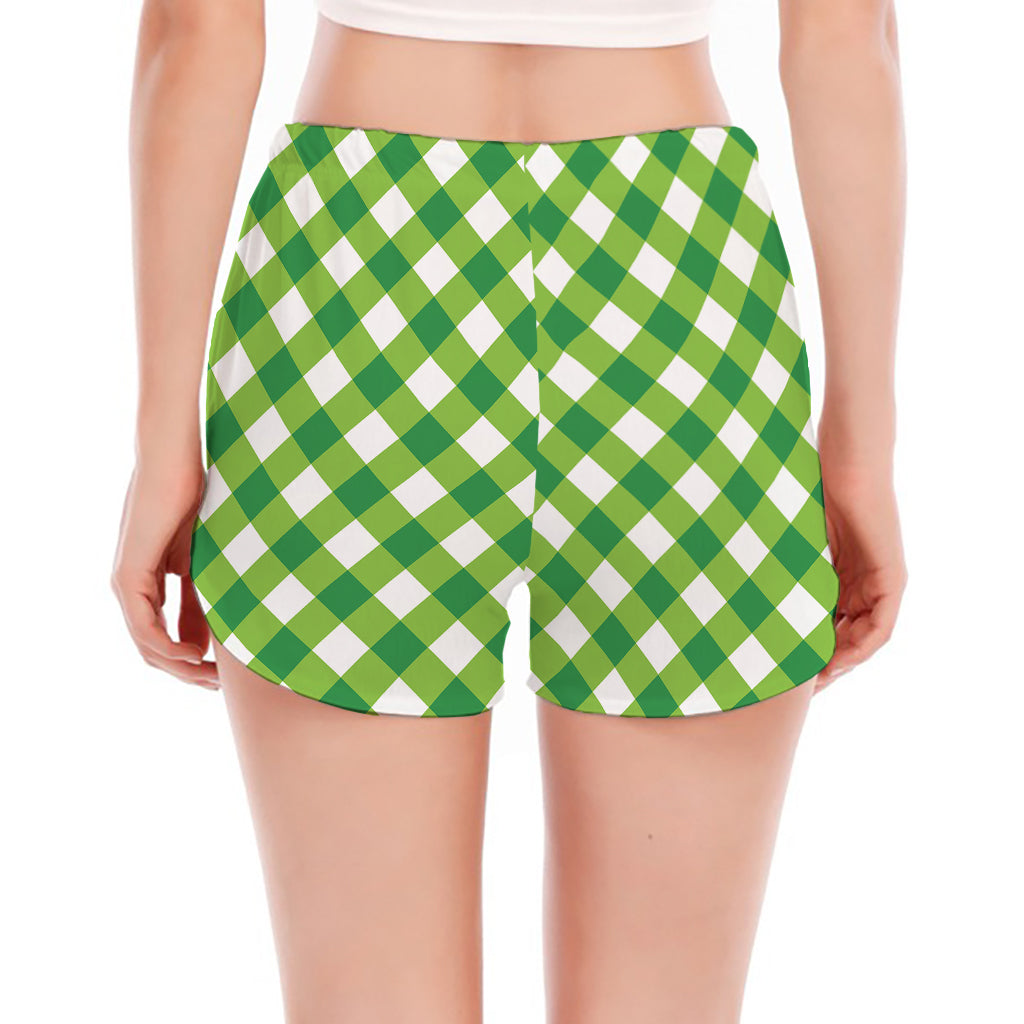 Shamrock Green And White Gingham Print Women's Split Running Shorts