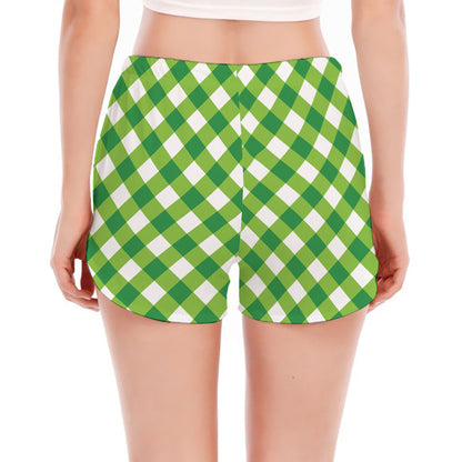 Shamrock Green And White Gingham Print Women's Split Running Shorts