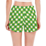 Shamrock Green And White Gingham Print Women's Split Running Shorts