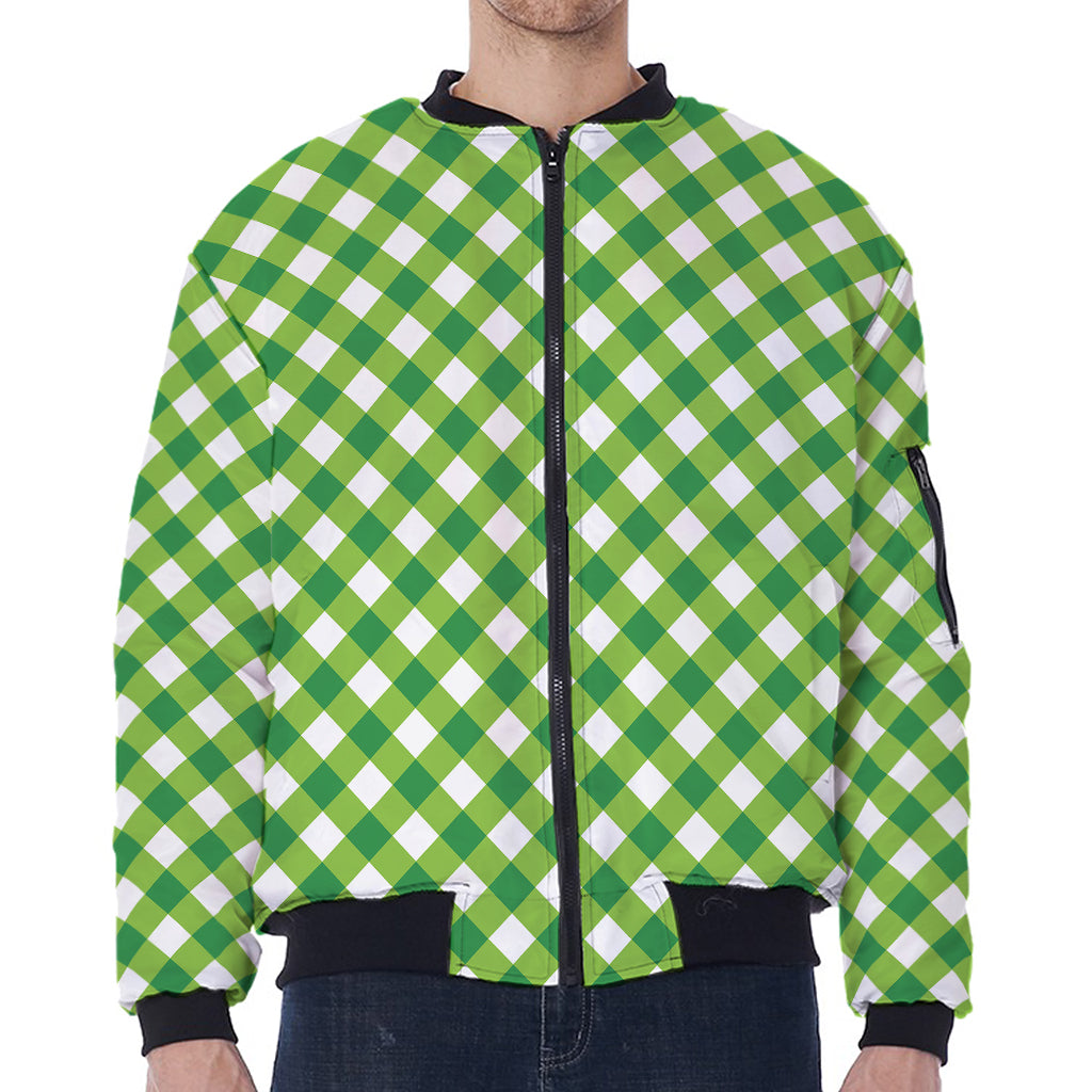 Shamrock Green And White Gingham Print Zip Sleeve Bomber Jacket