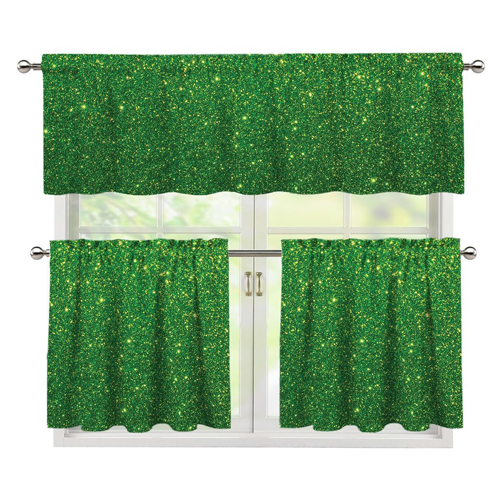 Shamrock Green (NOT Real) Glitter Print 3 Piece Kitchen Curtains