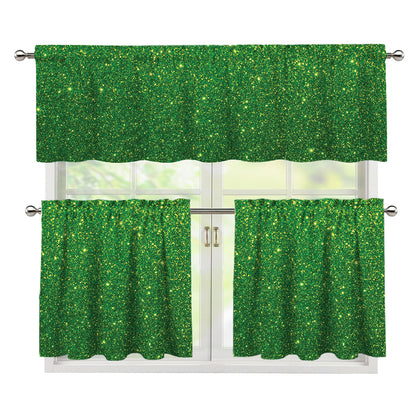 Shamrock Green (NOT Real) Glitter Print 3 Piece Kitchen Curtains