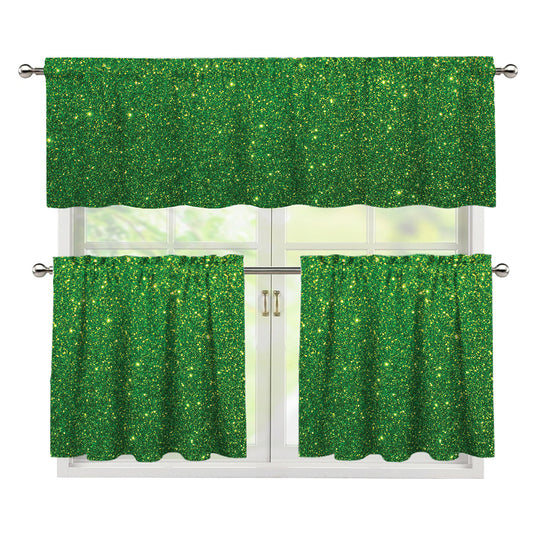 Shamrock Green (NOT Real) Glitter Print 3 Piece Kitchen Curtains