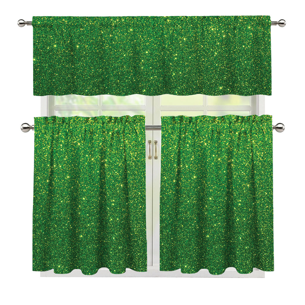 Shamrock Green (NOT Real) Glitter Print 3 Piece Kitchen Curtains
