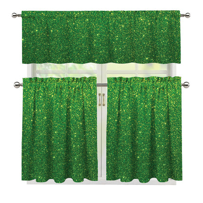 Shamrock Green (NOT Real) Glitter Print 3 Piece Kitchen Curtains