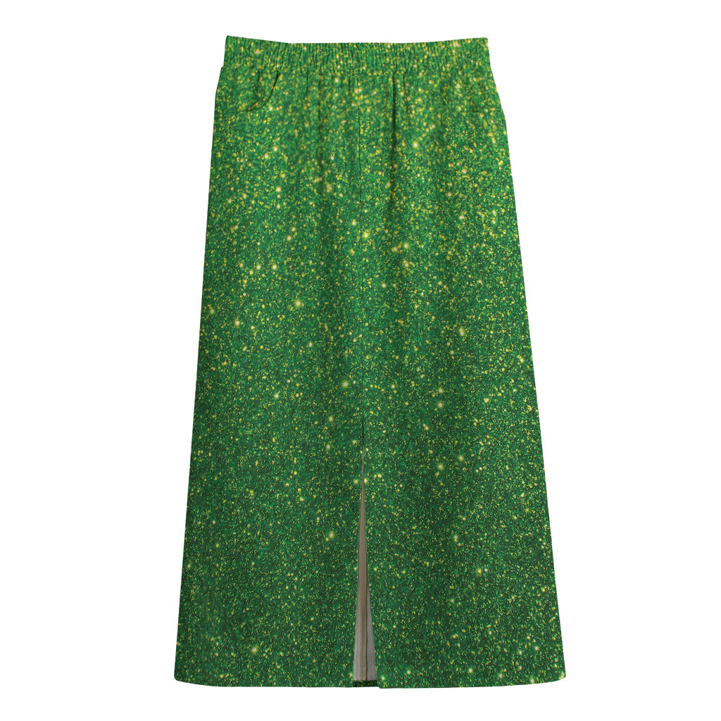Shamrock Green (NOT Real) Glitter Print Cotton Front Slit Maxi Skirt