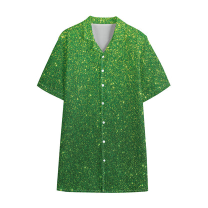 Shamrock Green (NOT Real) Glitter Print Cotton Hawaiian Shirt