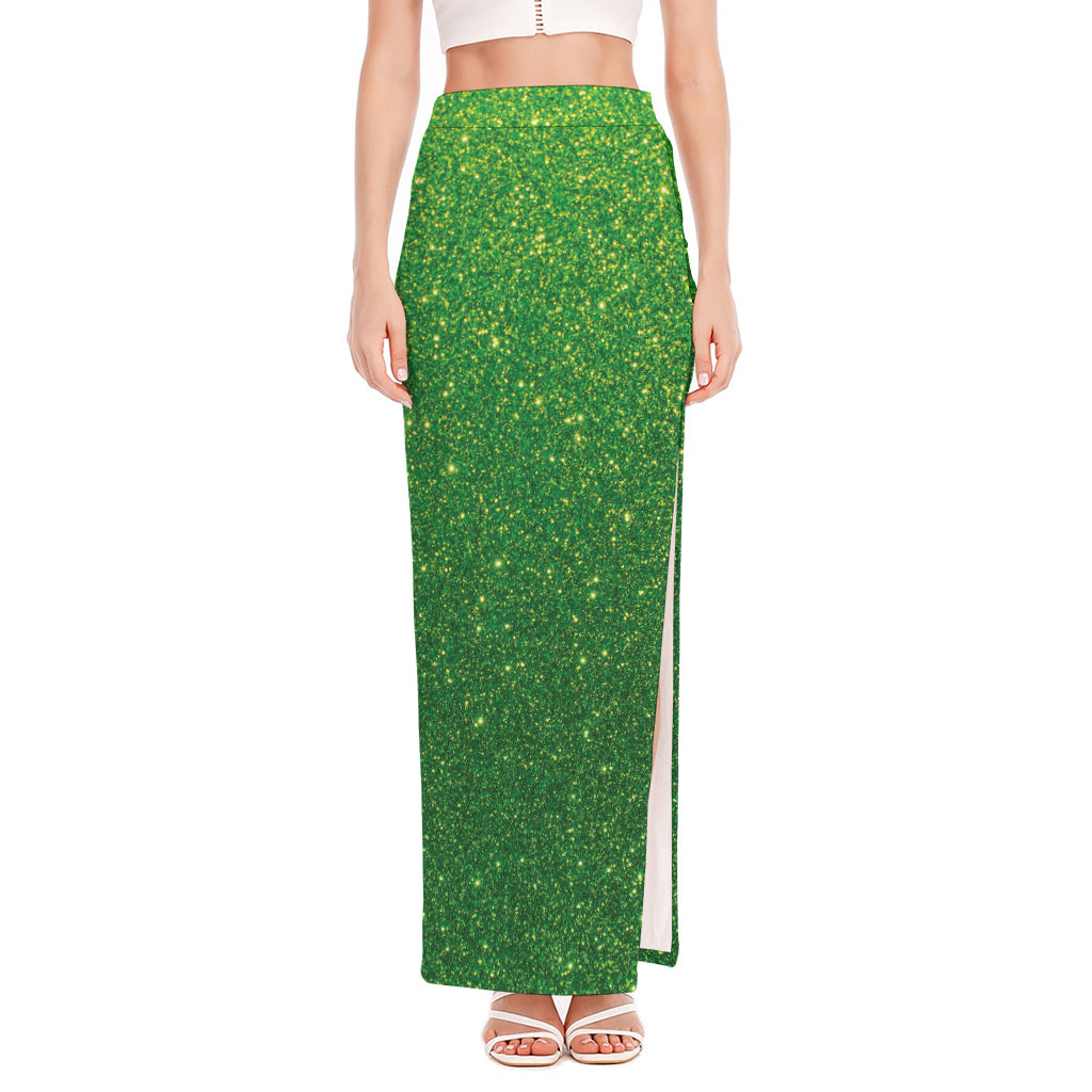 Shamrock Green (NOT Real) Glitter Print High Slit Maxi Skirt