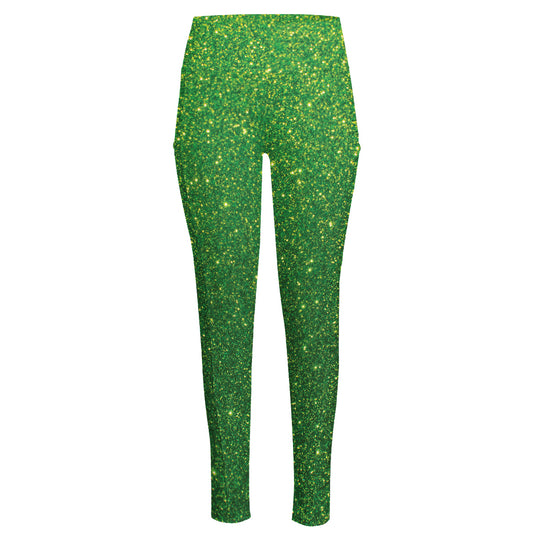 Shamrock Green (NOT Real) Glitter Print High-Waisted Pocket Leggings