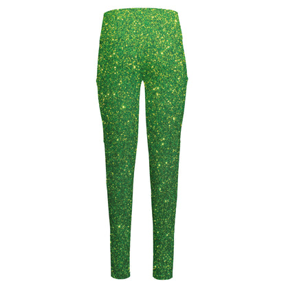 Shamrock Green (NOT Real) Glitter Print High-Waisted Pocket Leggings