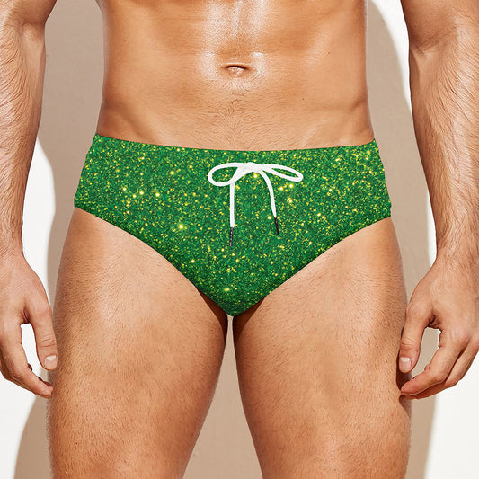 Shamrock Green (NOT Real) Glitter Print Men's Swim Briefs
