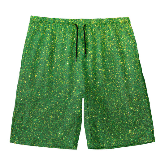 Shamrock Green (NOT Real) Glitter Print Men's Swim Trunks