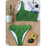 Shamrock Green (NOT Real) Glitter Print One Shoulder Bikini Top