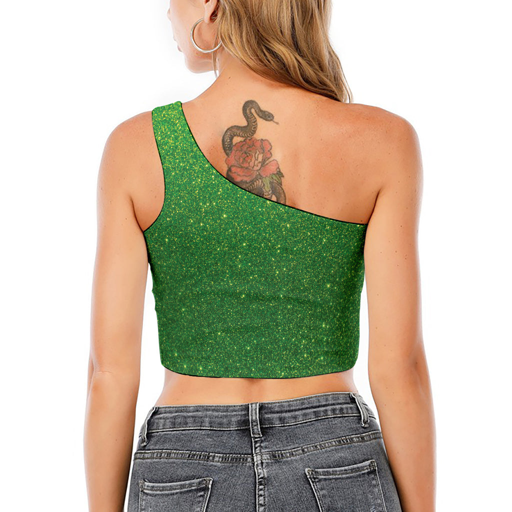 Shamrock Green (NOT Real) Glitter Print One Shoulder Crop Top