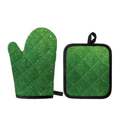 Shamrock Green (NOT Real) Glitter Print Oven Mitt And Pot Holder Set