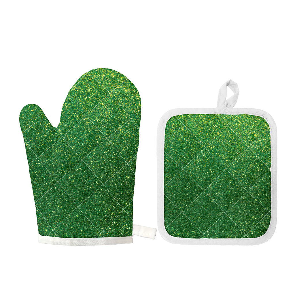 Shamrock Green (NOT Real) Glitter Print Oven Mitt And Pot Holder Set
