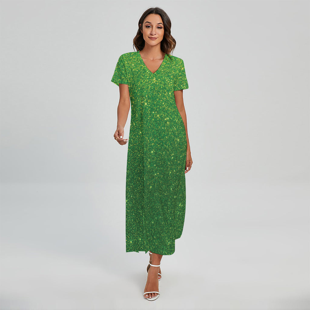 Shamrock Green (NOT Real) Glitter Print Short Sleeve Maxi Dress