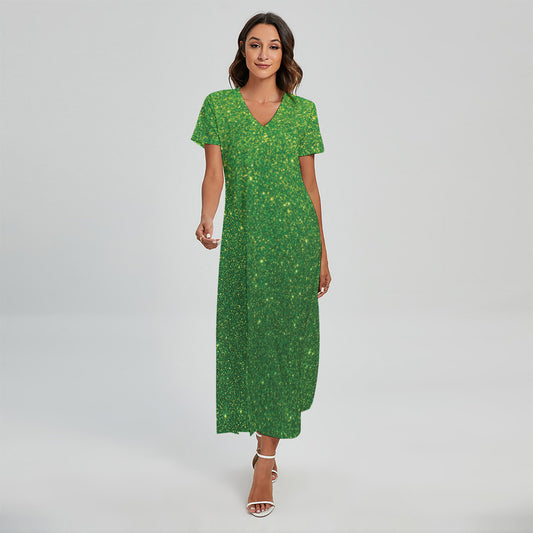 Shamrock Green (NOT Real) Glitter Print Short Sleeve Maxi Dress