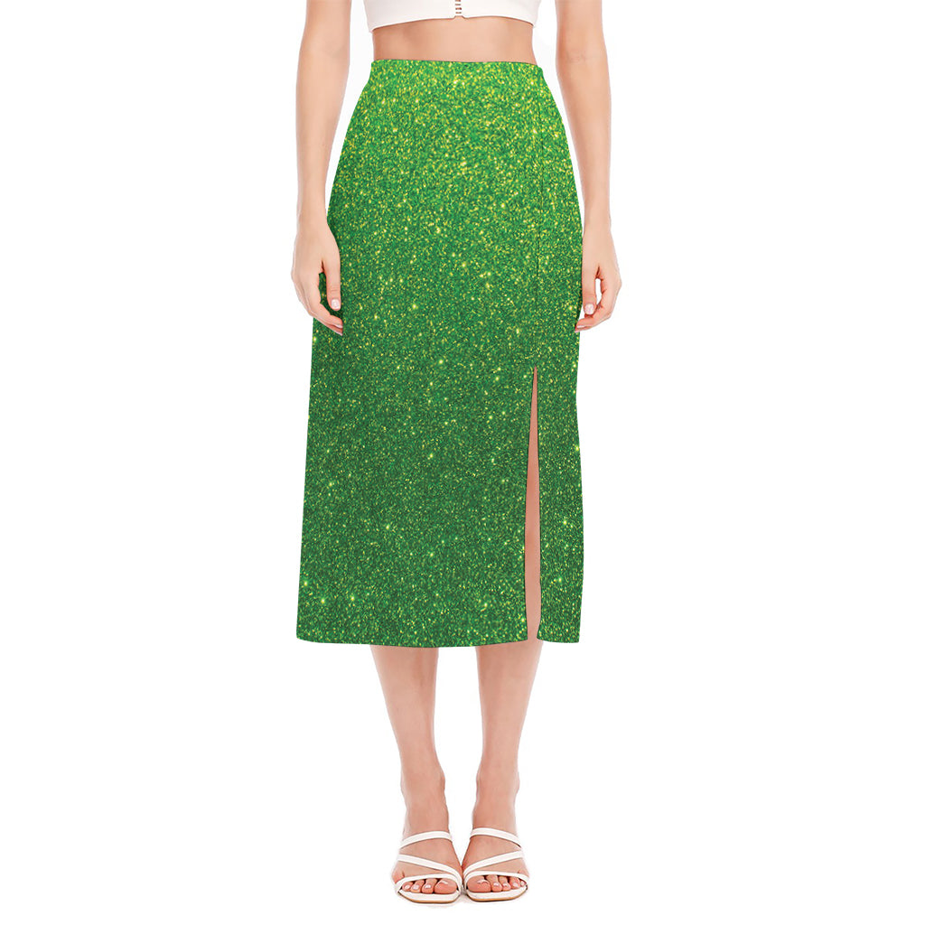 Shamrock Green (NOT Real) Glitter Print Side Slit Midi Skirt