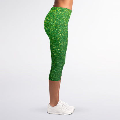 Shamrock Green (NOT Real) Glitter Print Women's Capri Leggings