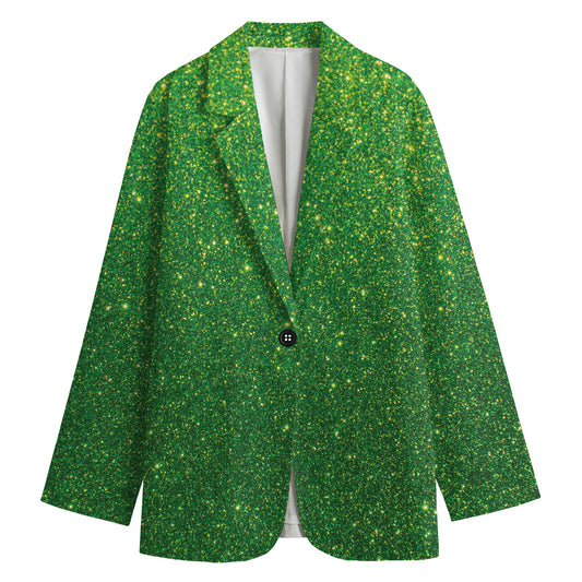 Shamrock Green (NOT Real) Glitter Print Women's Cotton Blazer