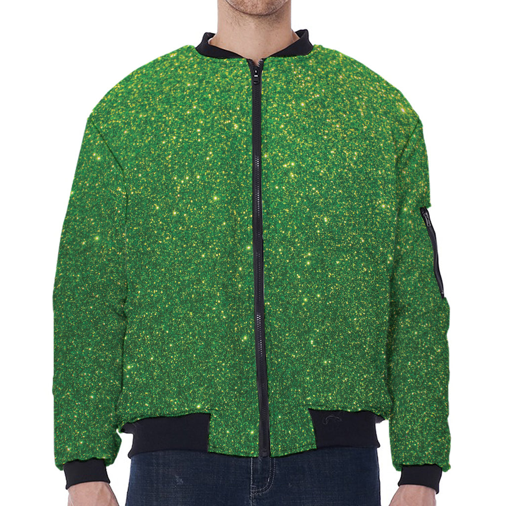 Shamrock Green (NOT Real) Glitter Print Zip Sleeve Bomber Jacket