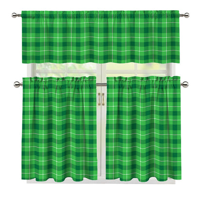 Shamrock Green Plaid Pattern Print 3 Piece Kitchen Curtains