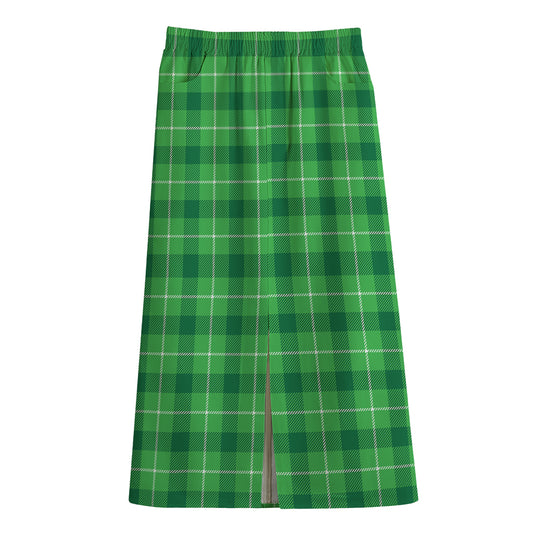 Shamrock Green Plaid Pattern Print Cotton Front Slit Maxi Skirt