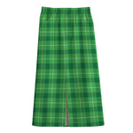 Shamrock Green Plaid Pattern Print Cotton Front Slit Maxi Skirt