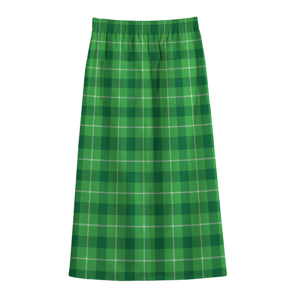Shamrock Green Plaid Pattern Print Cotton Front Slit Maxi Skirt