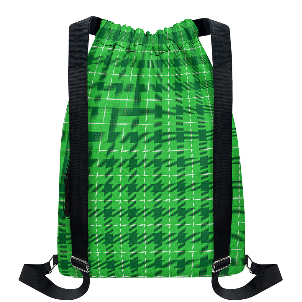 Shamrock Green Plaid Pattern Print Drawstring Backpack